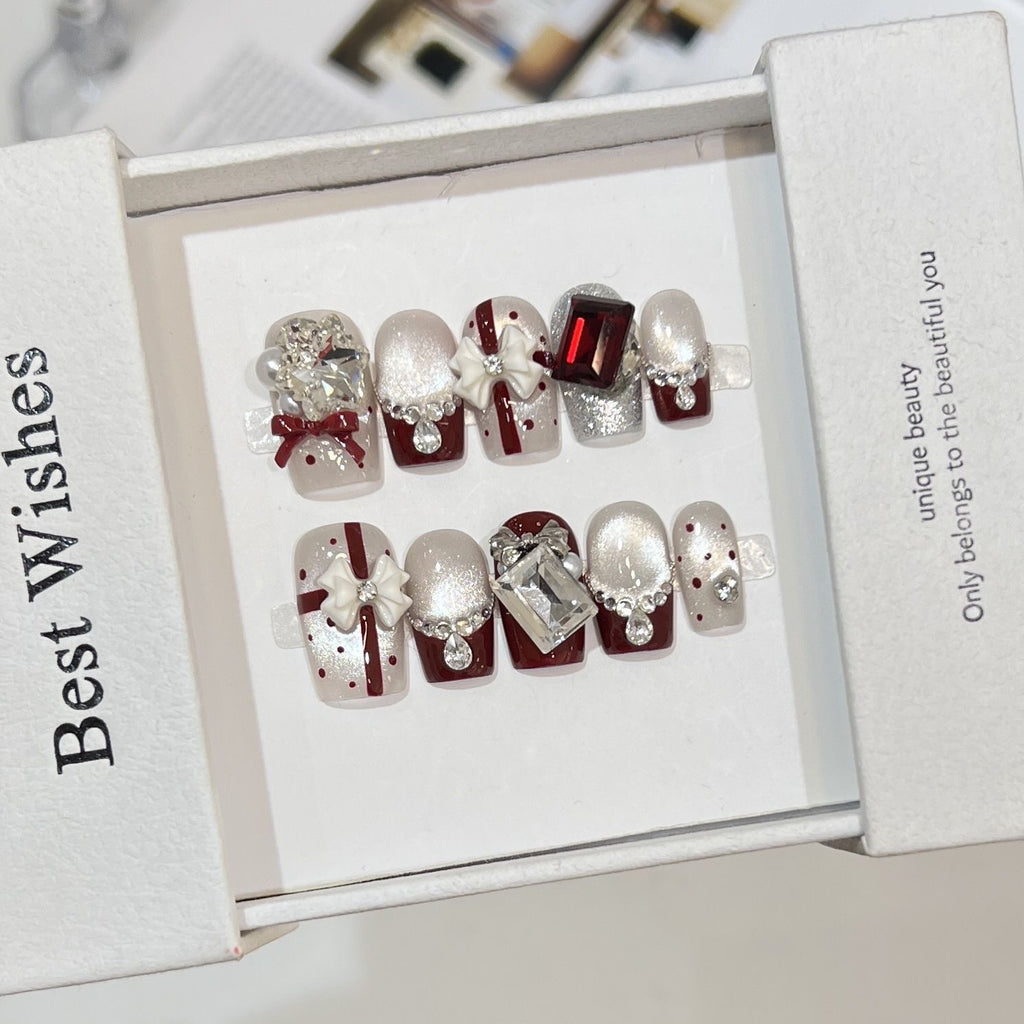 Christmas Glass Bead Cat Eye Press-On Nails with Bow & Polka Dots | Handmade Customizable | Festive Holiday Nail Set