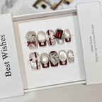 Christmas Glass Bead Cat Eye Press-On Nails with Bow & Polka Dots | Handmade Customizable | Festive Holiday Nail Set