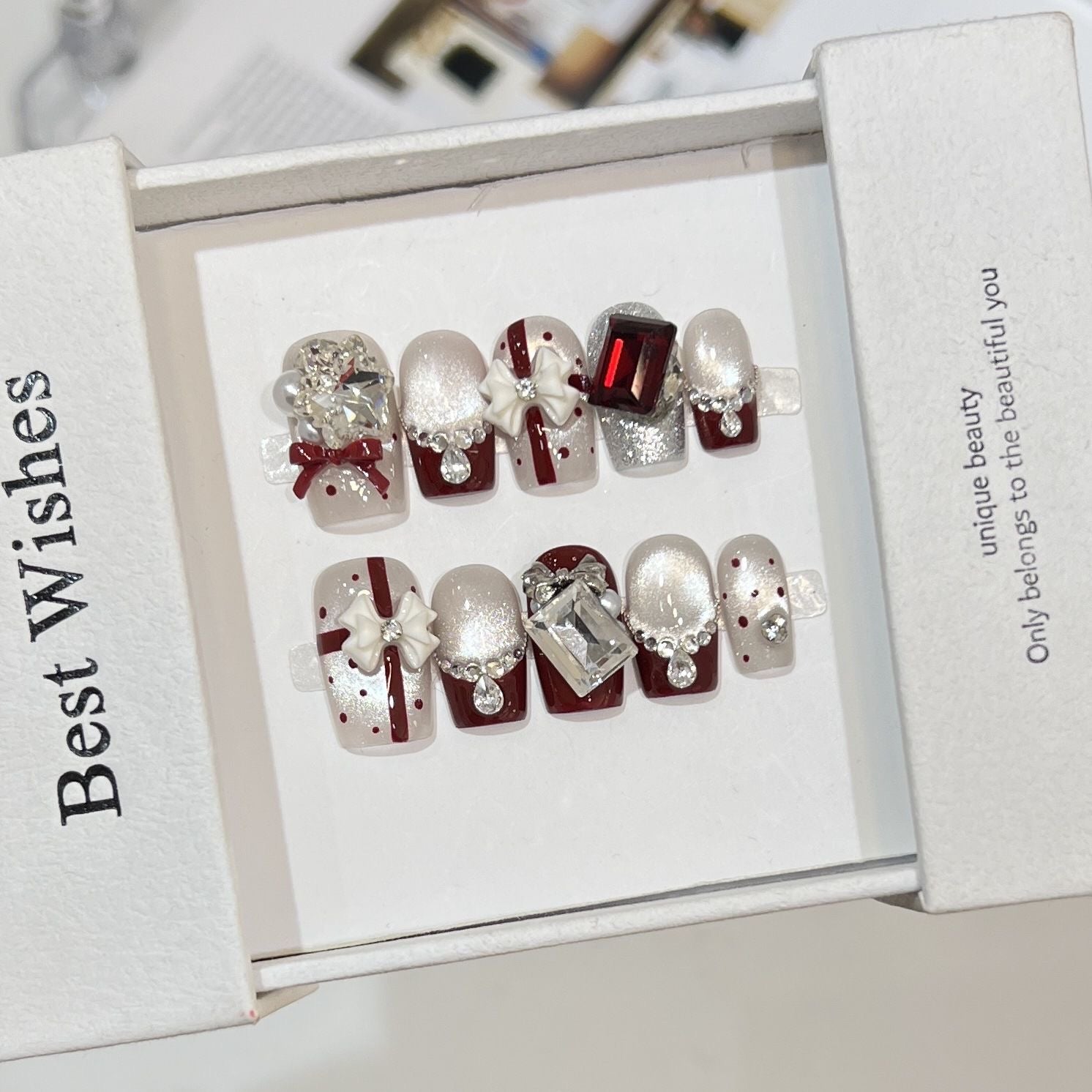 Christmas Glass Bead Cat Eye Press-On Nails with Bow & Polka Dots | Handmade Customizable | Festive Holiday Nail Set