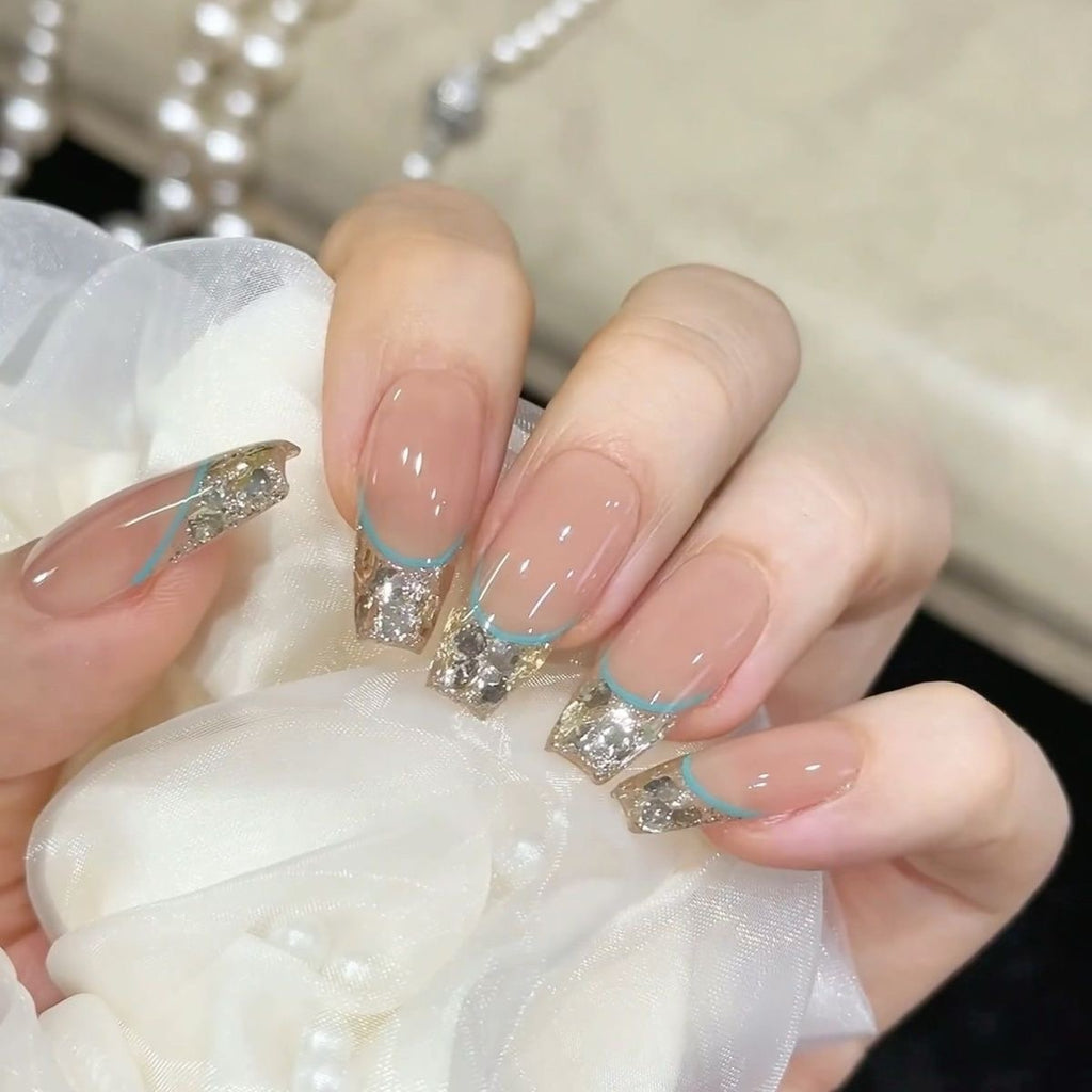 Handmade Sea salt mint explosion sparkling French blue press-on nails