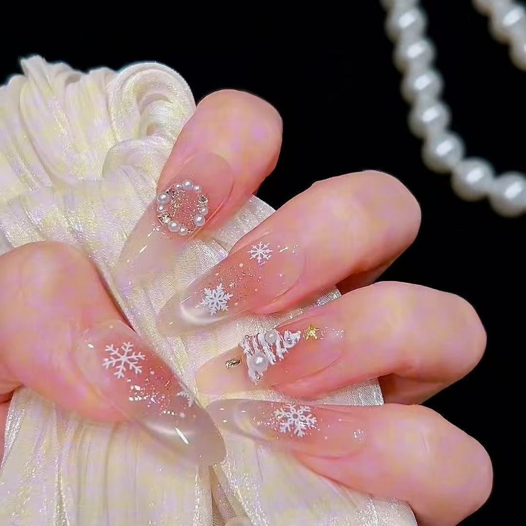 Customizable handmade long oval press-on nails Christmas Snowflake