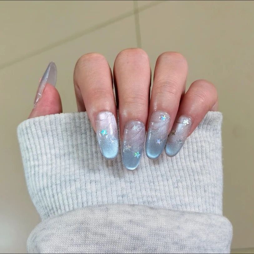 Handmade press-on nails Blue Dense Cat Eye