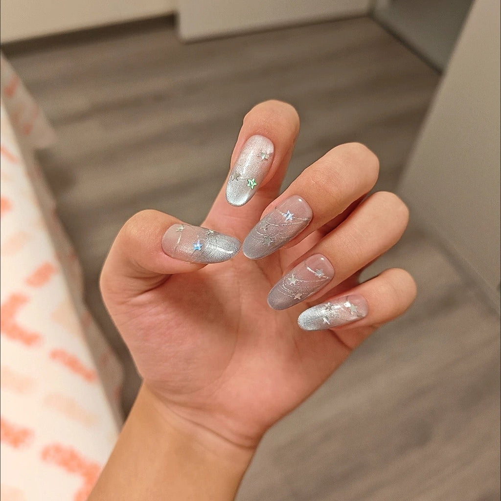 Handmade press-on nails Blue Dense Cat Eye