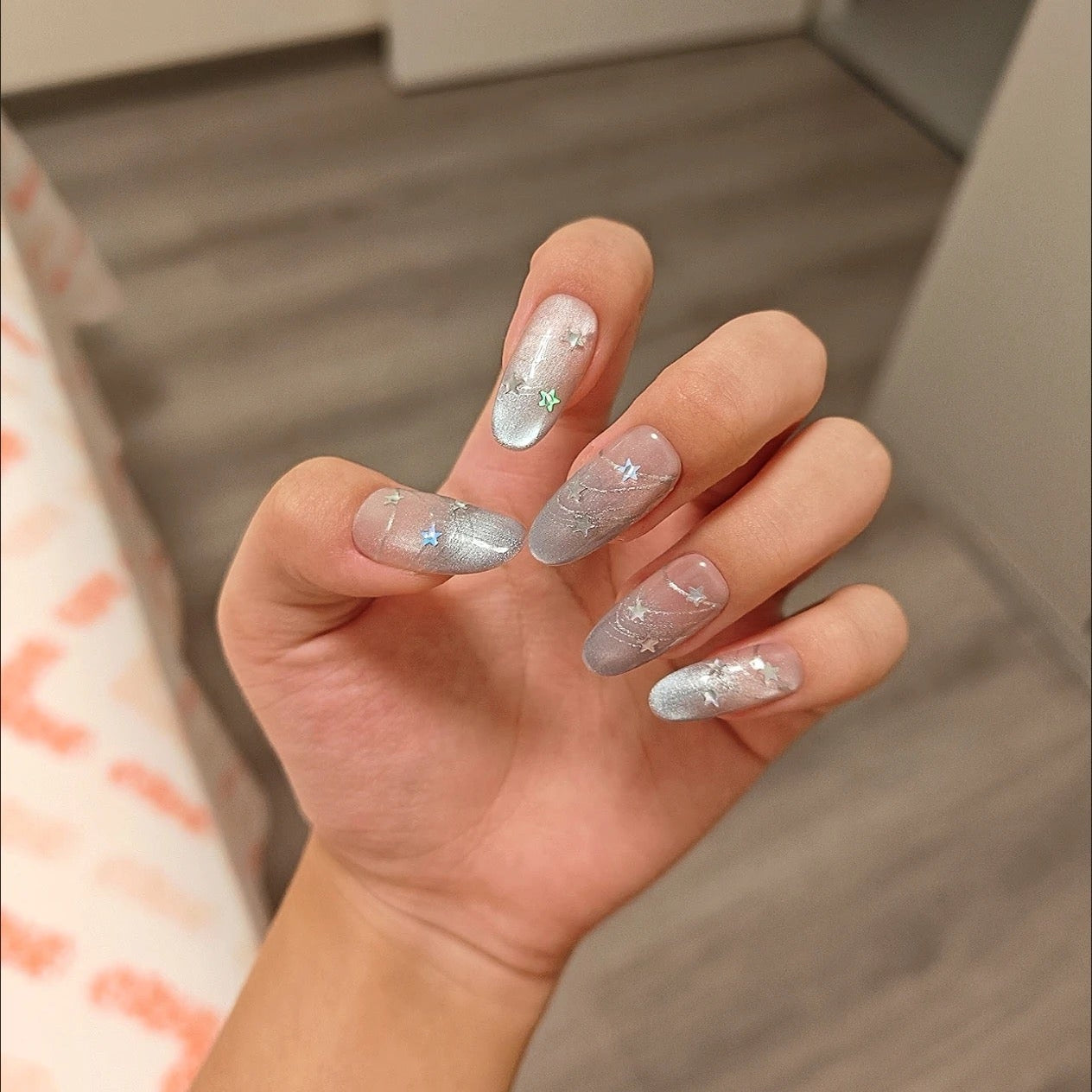 Handmade press-on nails Blue Dense Cat Eye