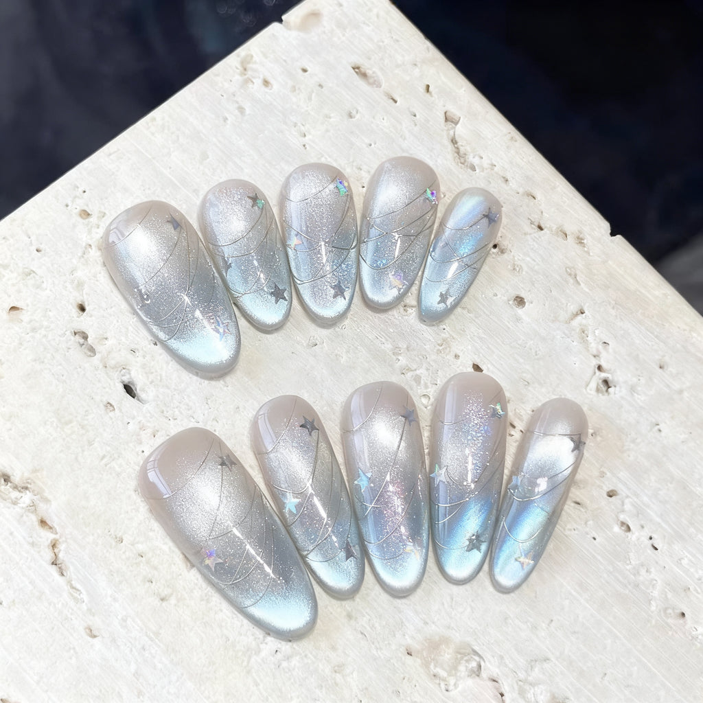 Handmade press-on nails Blue Dense Cat Eye