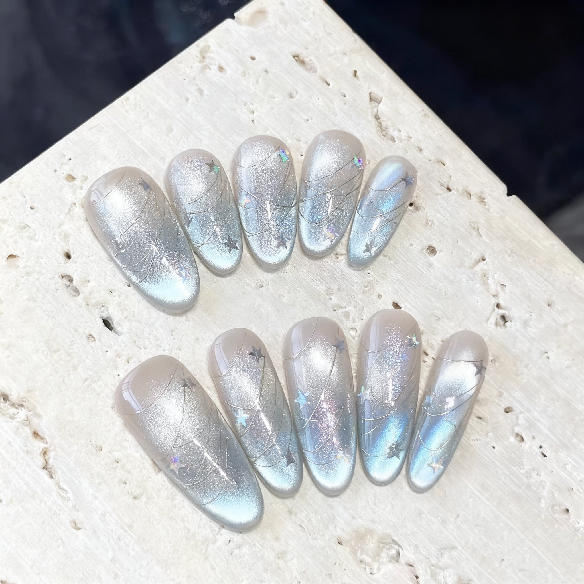 Handmade press-on nails Blue Dense Cat Eye