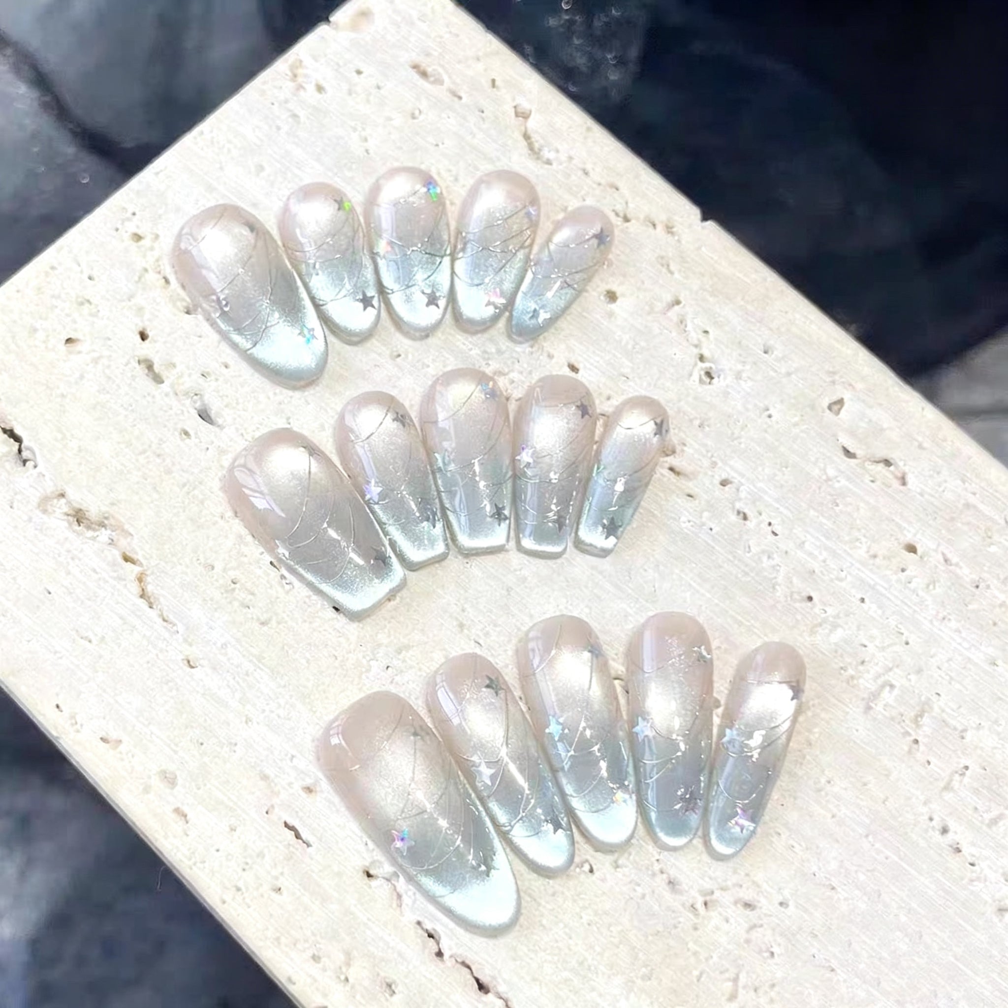 Handmade press-on nails Blue Dense Cat Eye