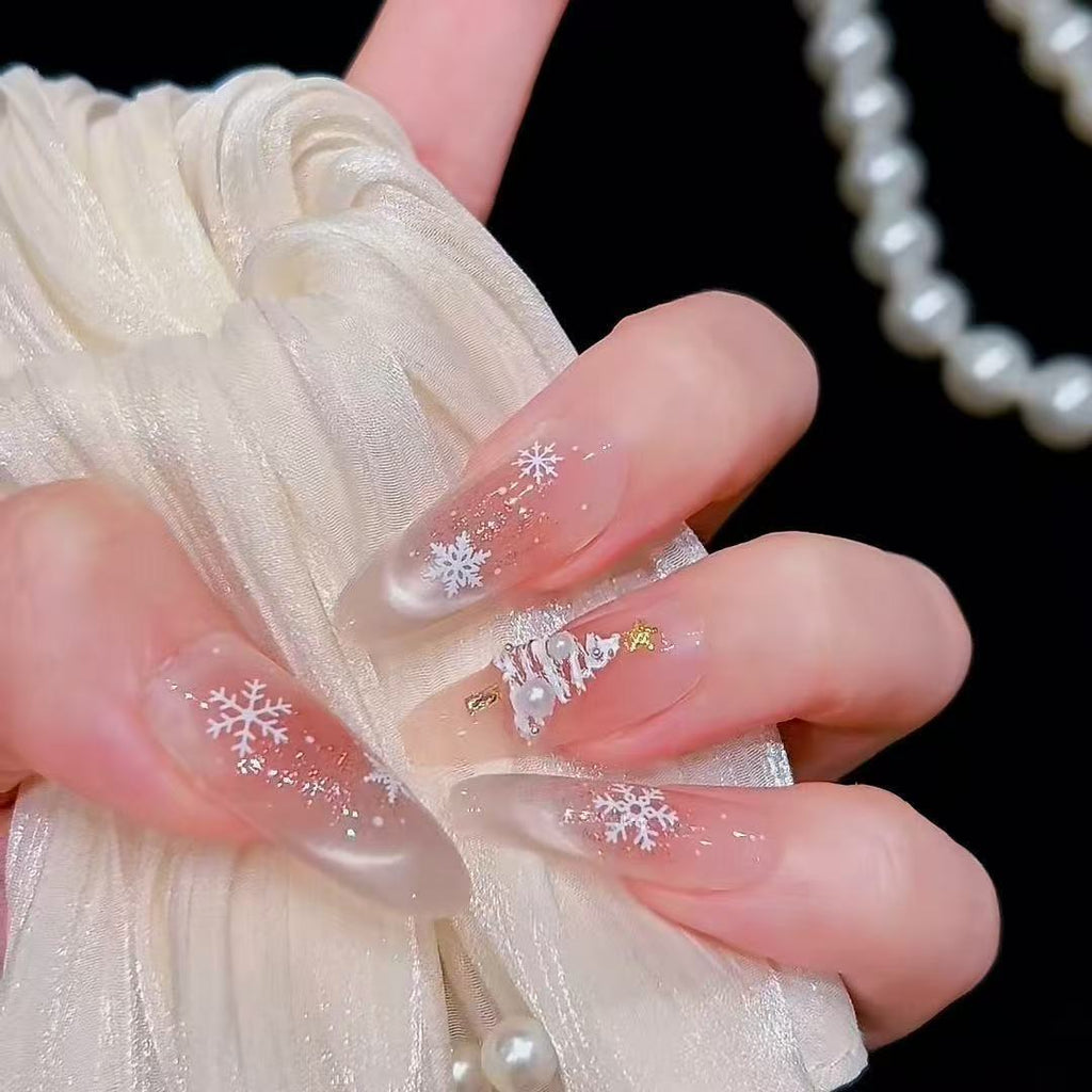Customizable handmade long oval press-on nails Christmas Snowflake
