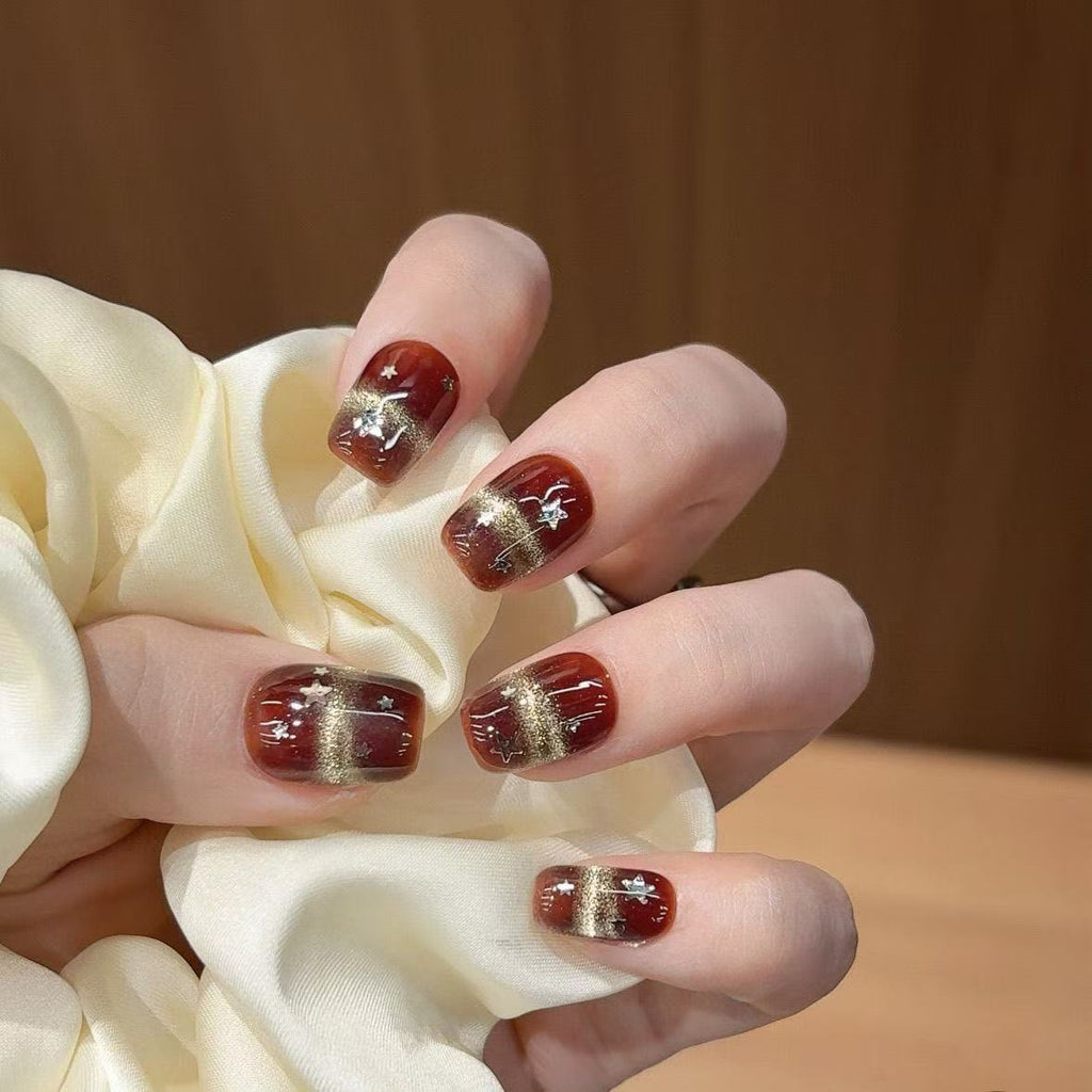 Handmade press-on nails Brown Star