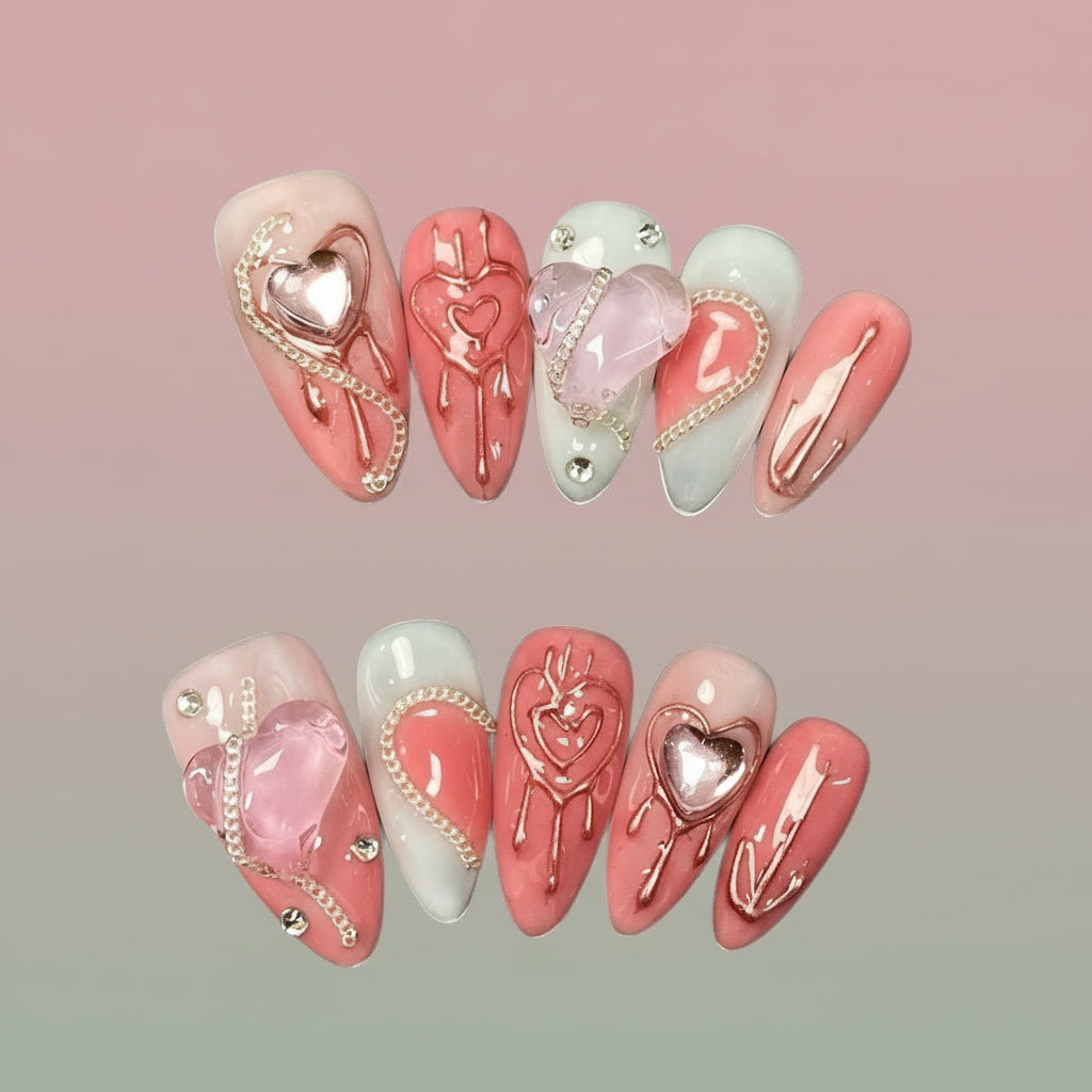 Handmade press-on nails Heart-shaped Diamond