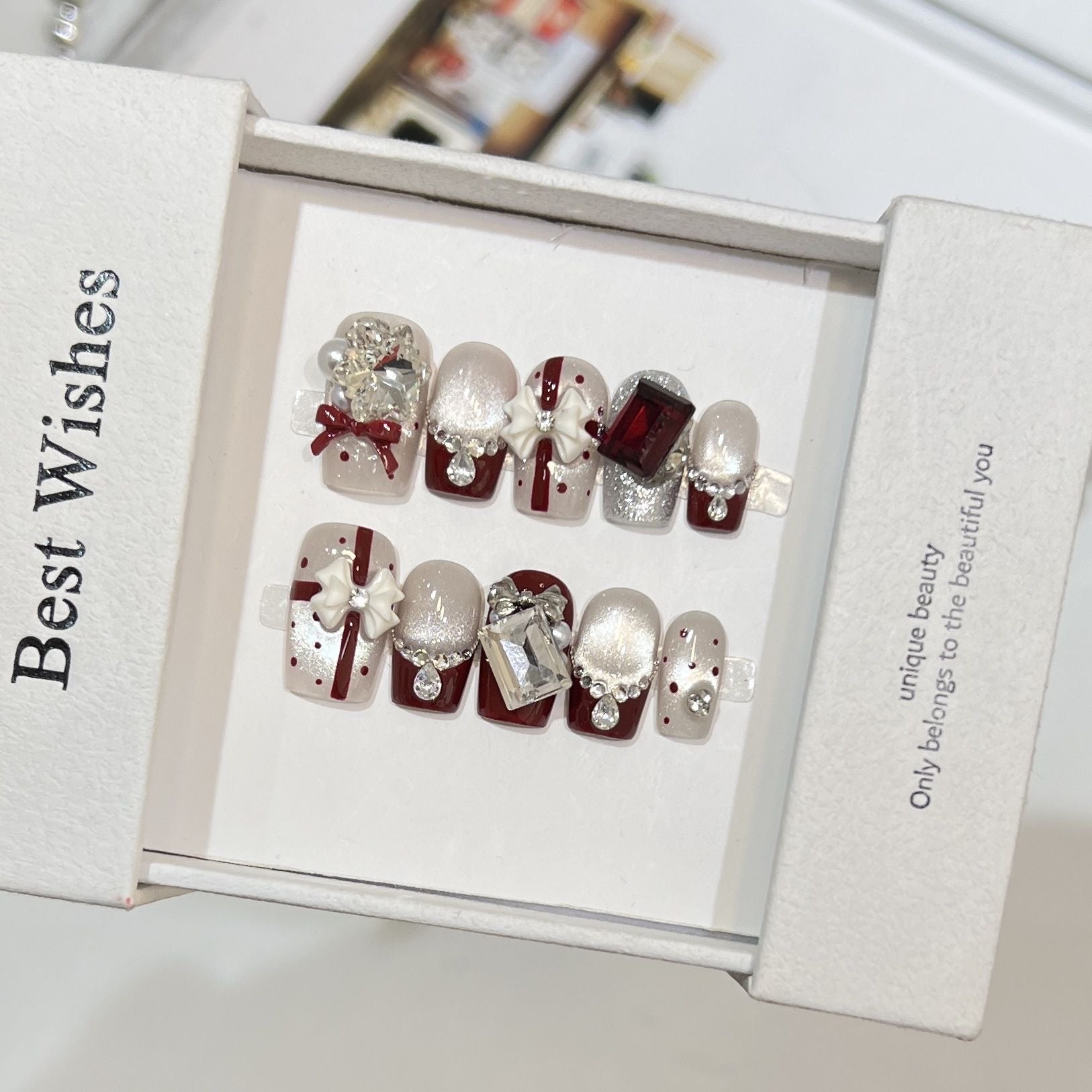 Christmas Glass Bead Cat Eye Press-On Nails with Bow & Polka Dots | Handmade Customizable | Festive Holiday Nail Set