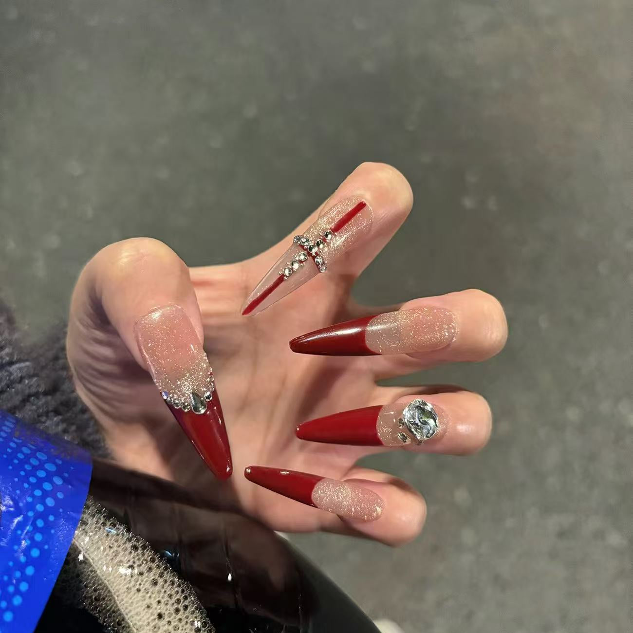 Red French Long Press-On Nails with Large Diamond Cross | Handmade & Customizable Luxury Nail Set