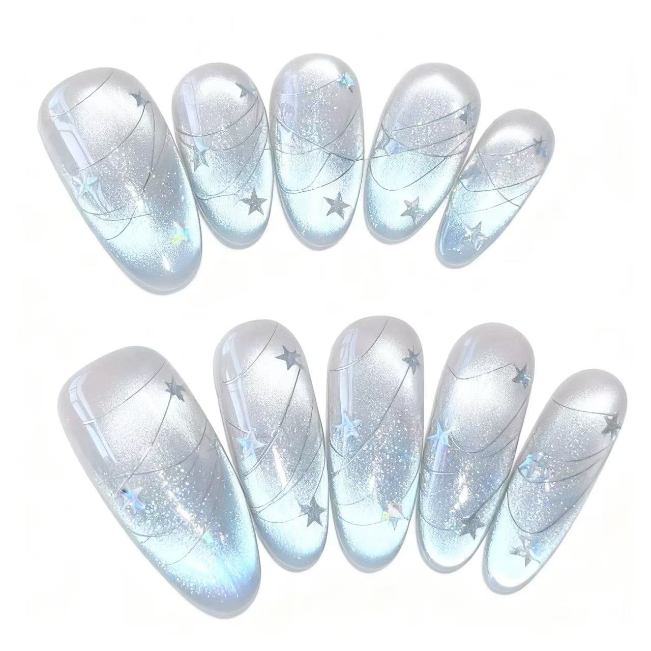 Handmade press-on nails Blue Dense Cat Eye