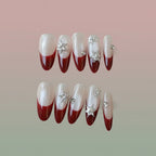 Christmas Snowflake Rhinestone Red French Press-On Nails | Holiday Limited | Handmade Luxury Festive Nail Set