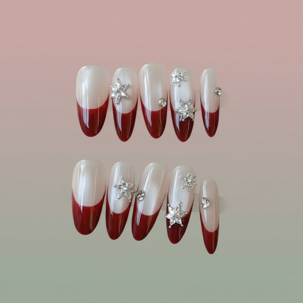 Christmas Snowflake Rhinestone Red French Press-On Nails | Holiday Limited | Handmade Luxury Festive Nail Set