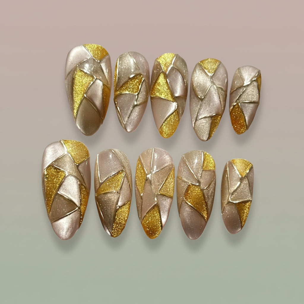 Customizable Luxury Geometric Gold Foil Handmade Press-On Nails