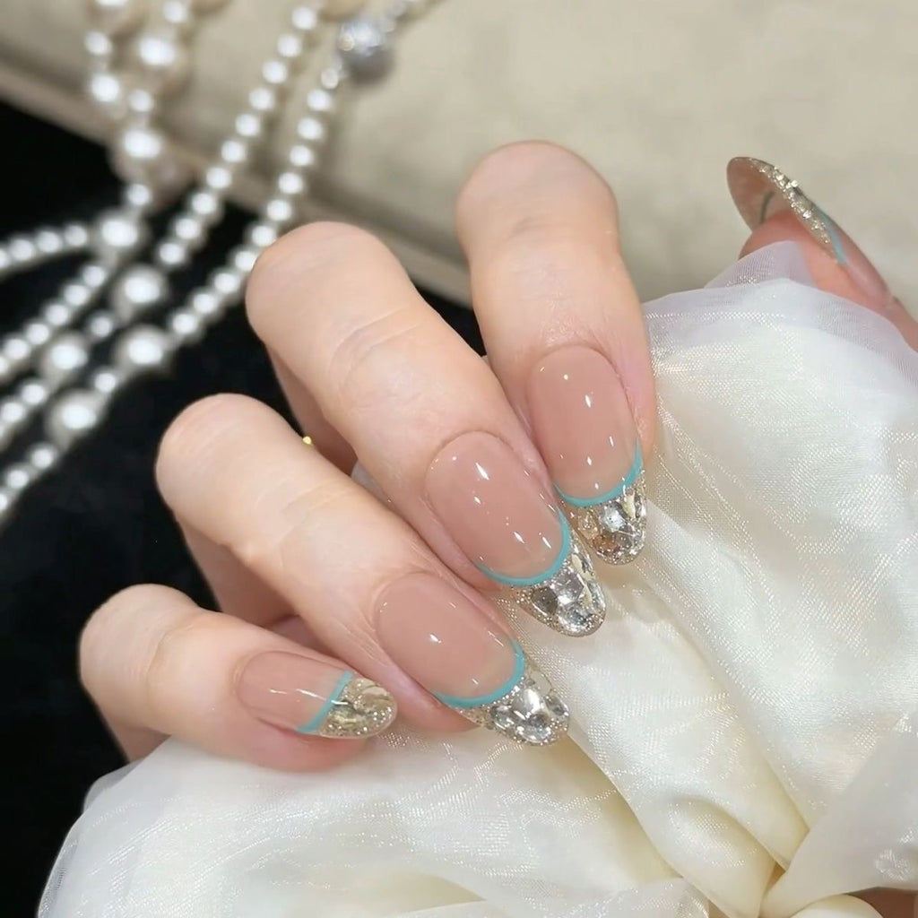 Handmade Sea salt mint explosion sparkling French blue press-on nails