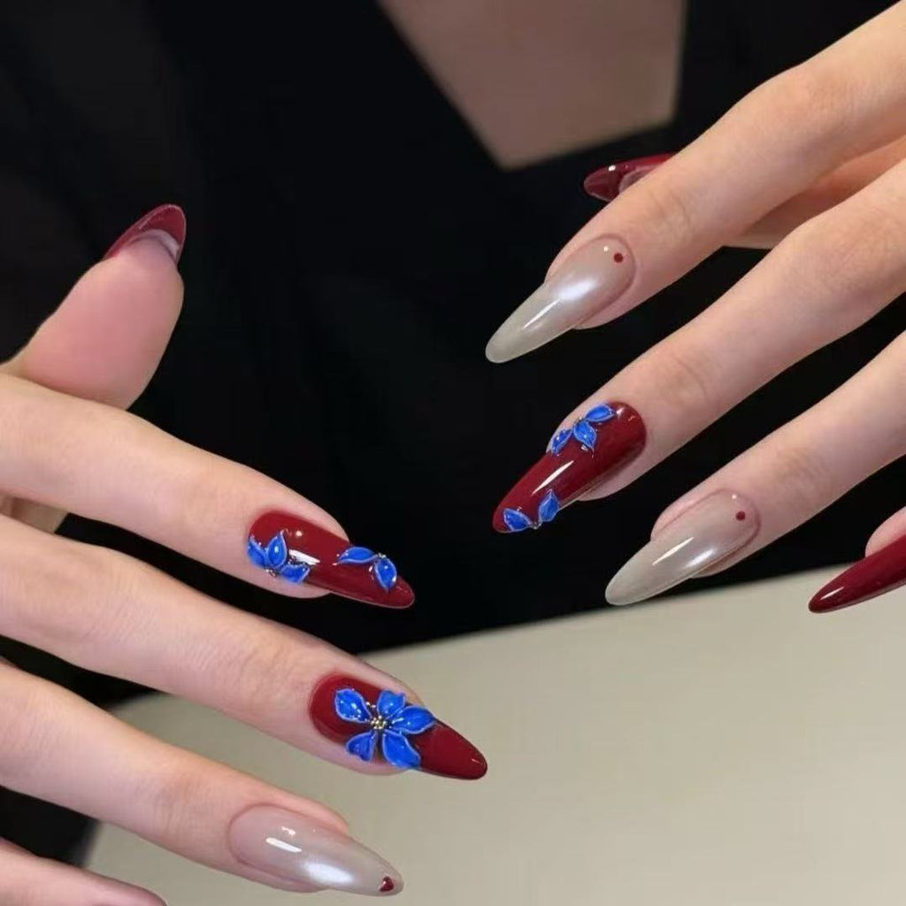 Custom Blue & Burgundy Press-On Nails | Handmade |for Christmas, Party & Gift