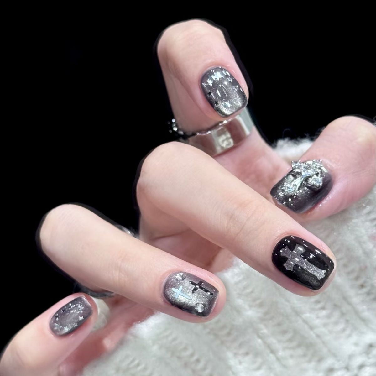 Gothic Style 3D Silver Cross Press-On Nails | Handmade Customizable | Dark Luxury Nail Set