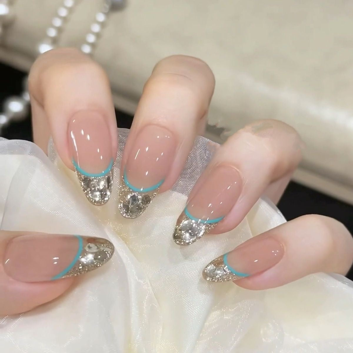 Handmade Sea salt mint explosion sparkling French blue press-on nails
