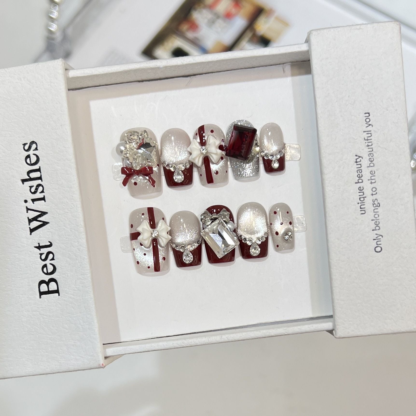 Christmas Glass Bead Cat Eye Press-On Nails with Bow & Polka Dots | Handmade Customizable | Festive Holiday Nail Set