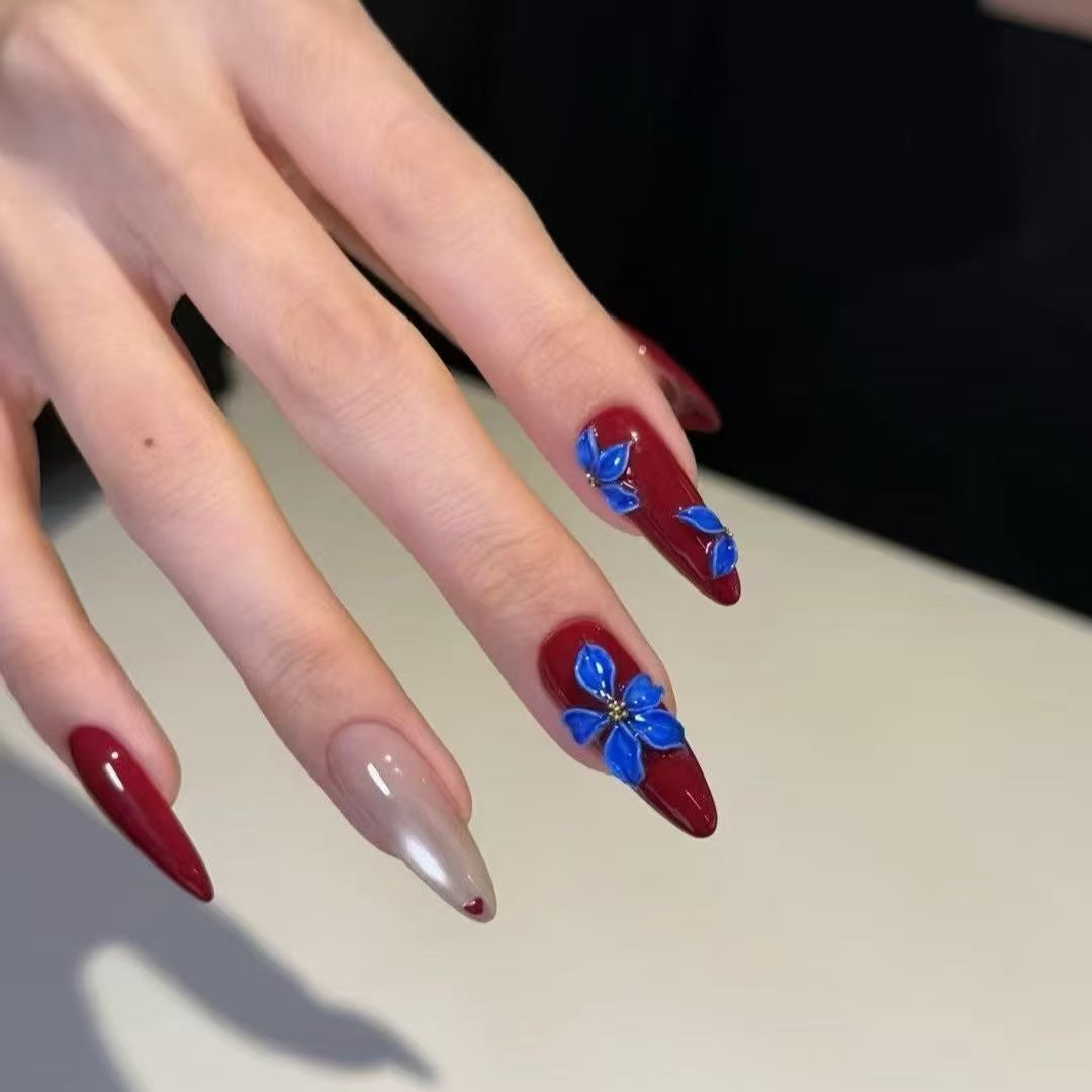 Custom Blue & Burgundy Press-On Nails | Handmade |for Christmas, Party & Gift