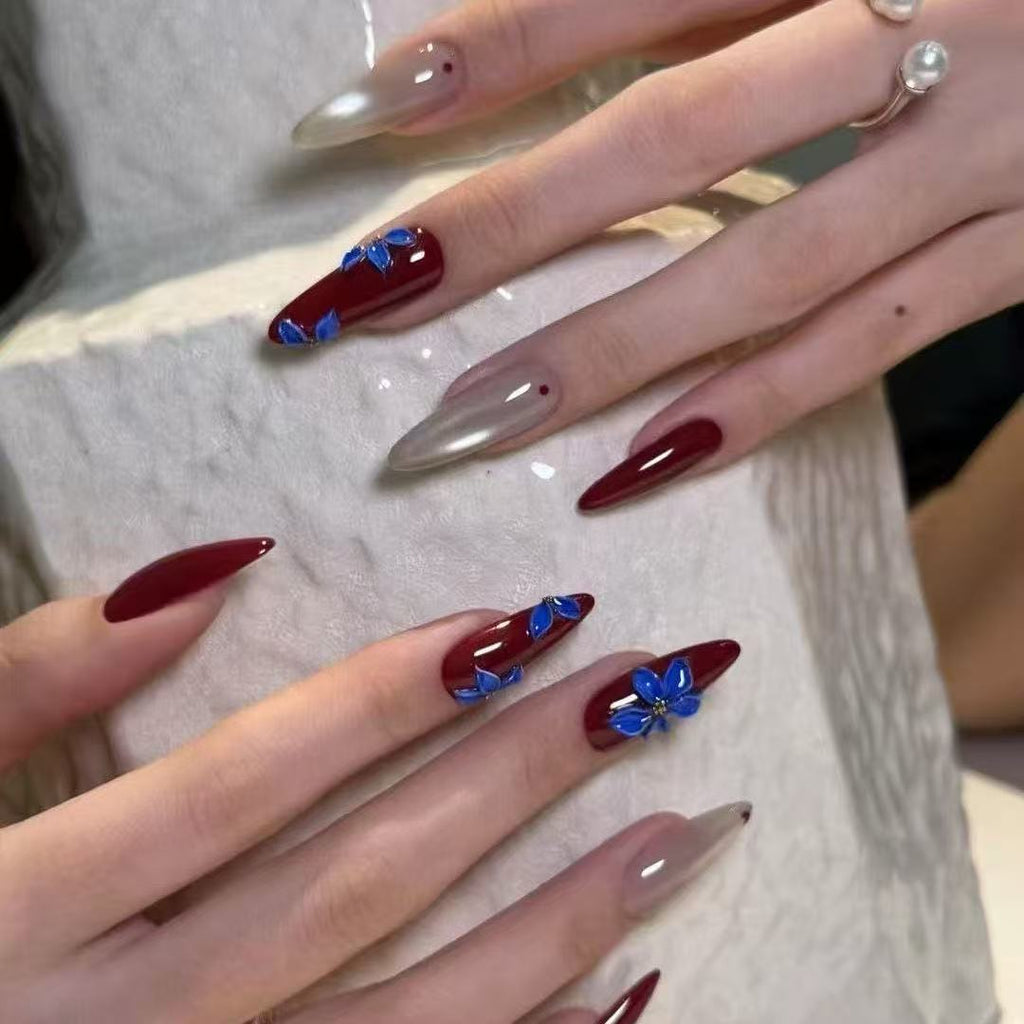Custom Blue & Burgundy Press-On Nails | Handmade |for Christmas, Party & Gift