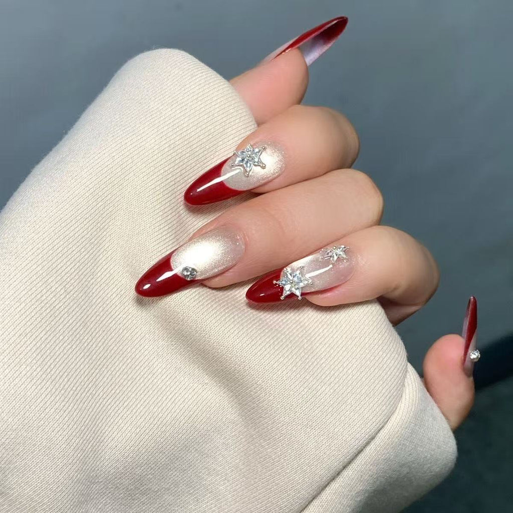 Christmas Snowflake Rhinestone Red French Press-On Nails | Holiday Limited | Handmade Luxury Festive Nail Set