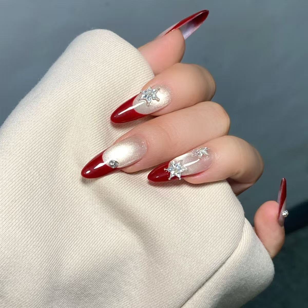 Christmas Snowflake Rhinestone Red French Press-On Nails | Holiday Limited | Handmade Luxury Festive Nail Set