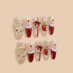 Christmas Eve Apple Rhinestone Press-On Nails | Handmade Customizable | Festive Luxury Nail Set