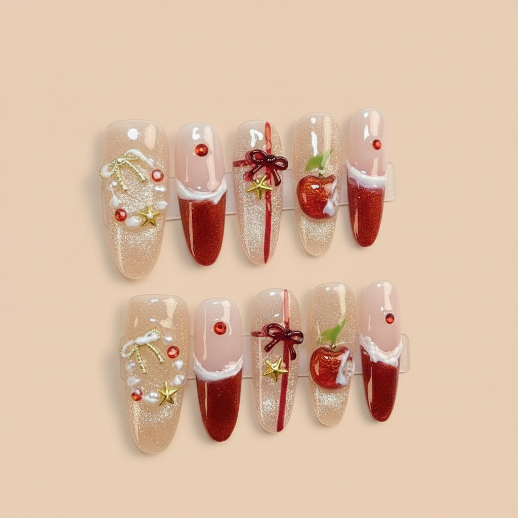 Christmas Eve Apple Rhinestone Press-On Nails | Handmade Customizable | Festive Luxury Nail Set