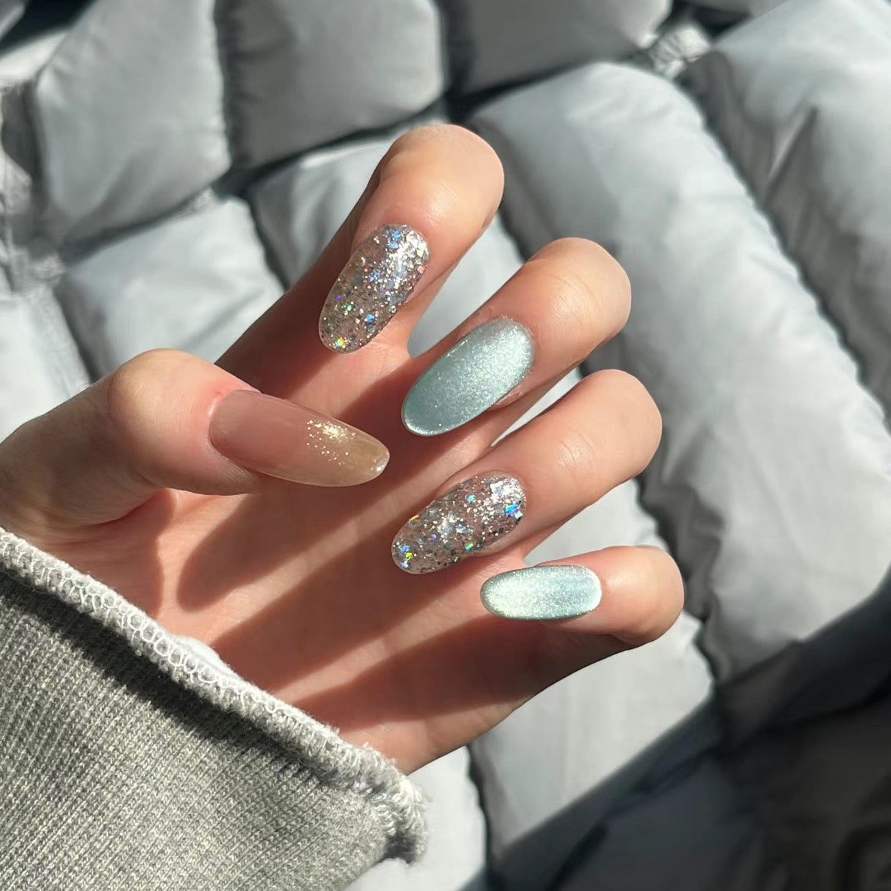 Light Blue Sparkling Cat Eye Press-On Nails | Handmade Custom Set | Ultra Shimmer Magnetic Cat Eye Nails