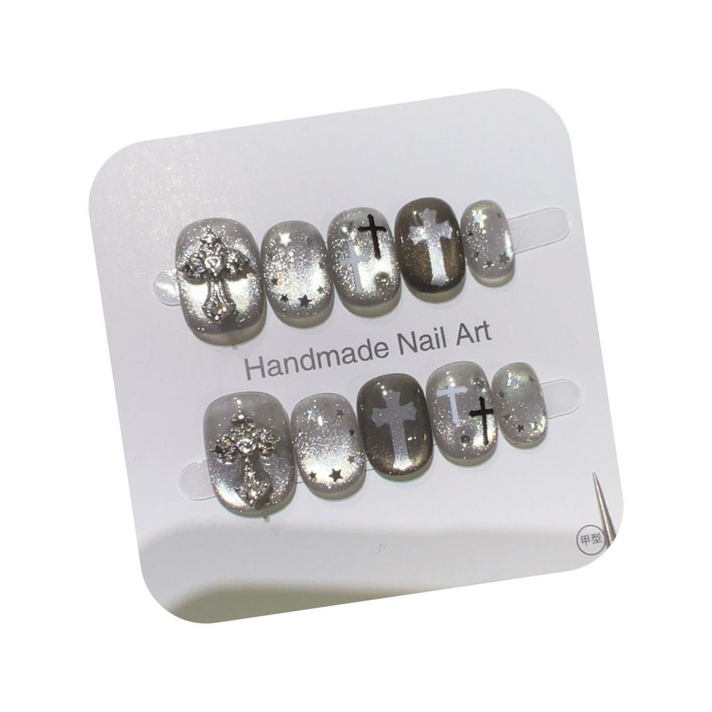 Gothic Style 3D Silver Cross Press-On Nails | Handmade Customizable | Dark Luxury Nail Set