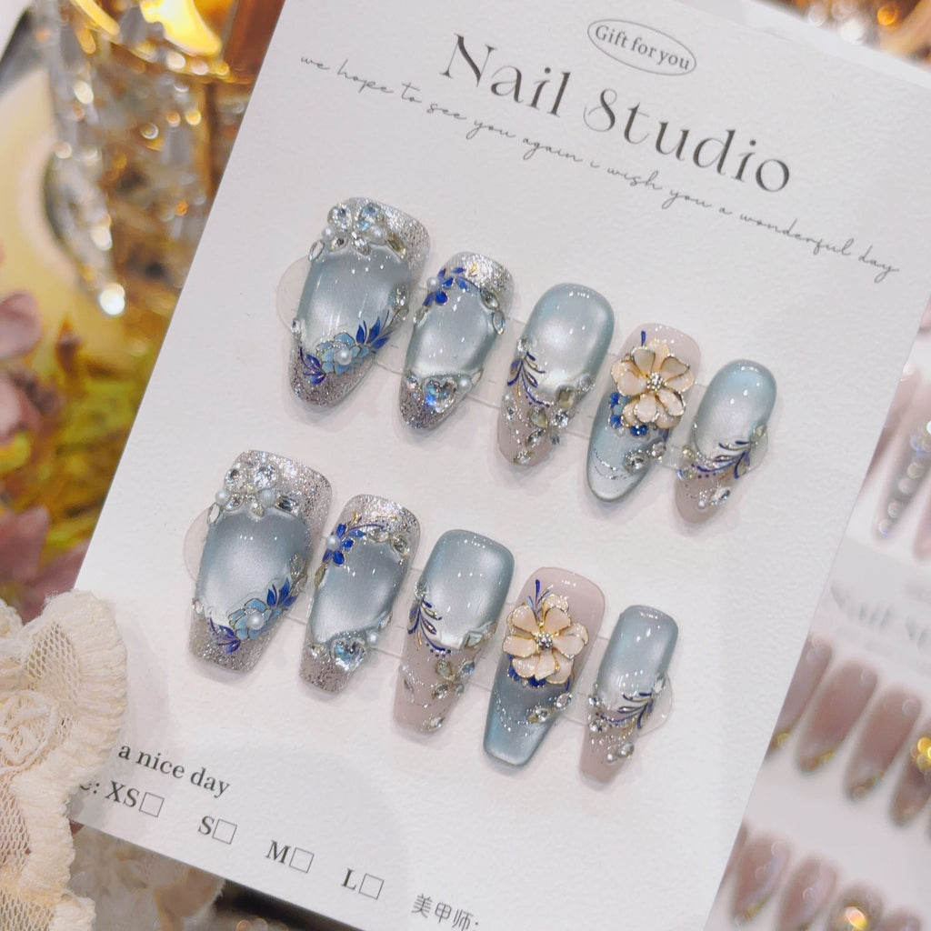 Oriental Style 3D Flower & Pearl Press-On Nails | Handmade Customizable | Luxury Asian-Inspired Nail Set