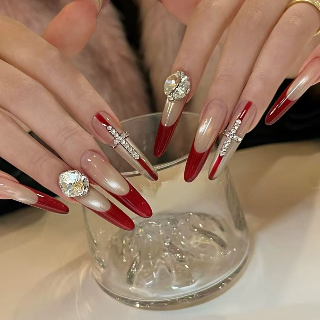 Red French Long Press-On Nails with Large Diamond Cross | Handmade & Customizable Luxury Nail Set