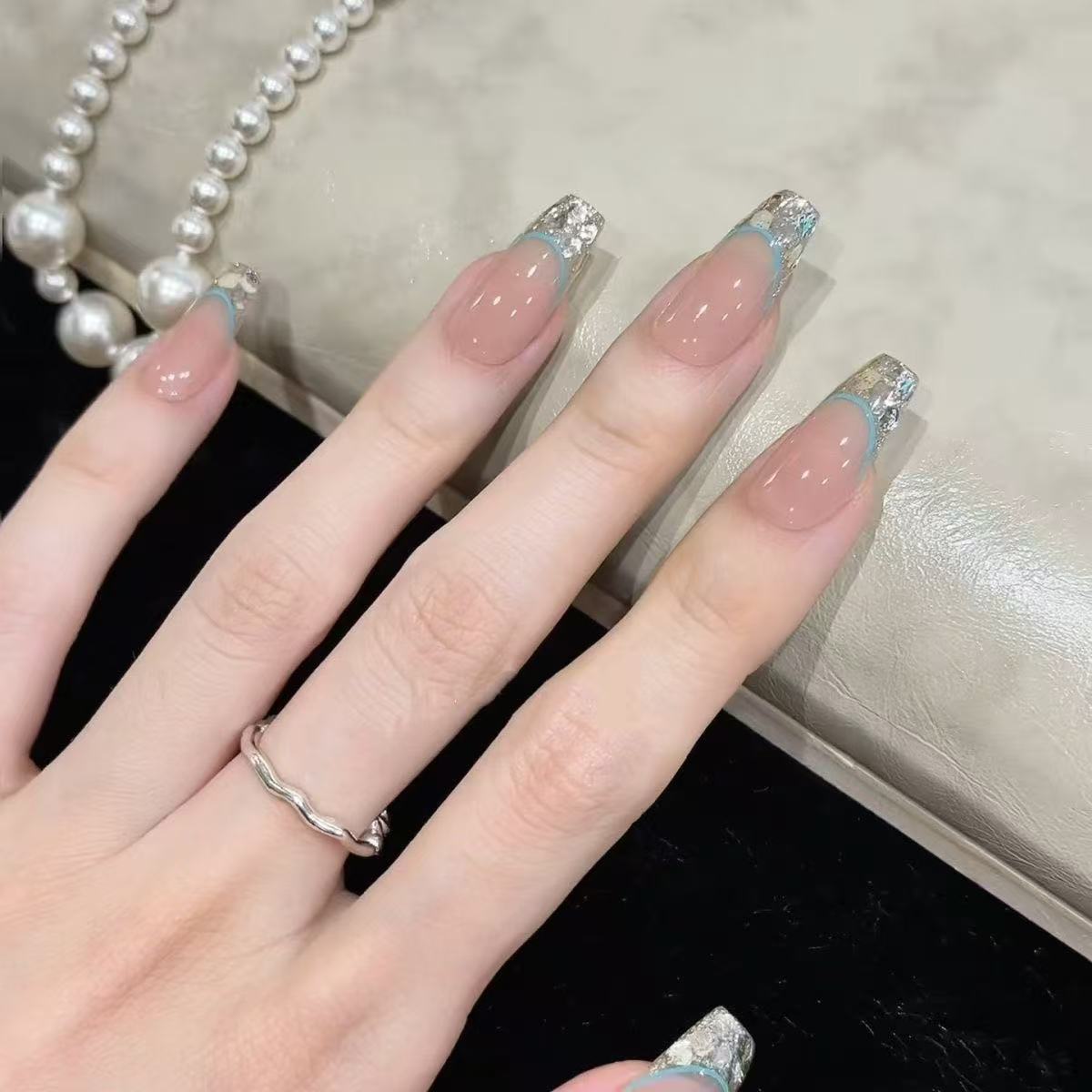 Handmade Sea salt mint explosion sparkling French blue press-on nails