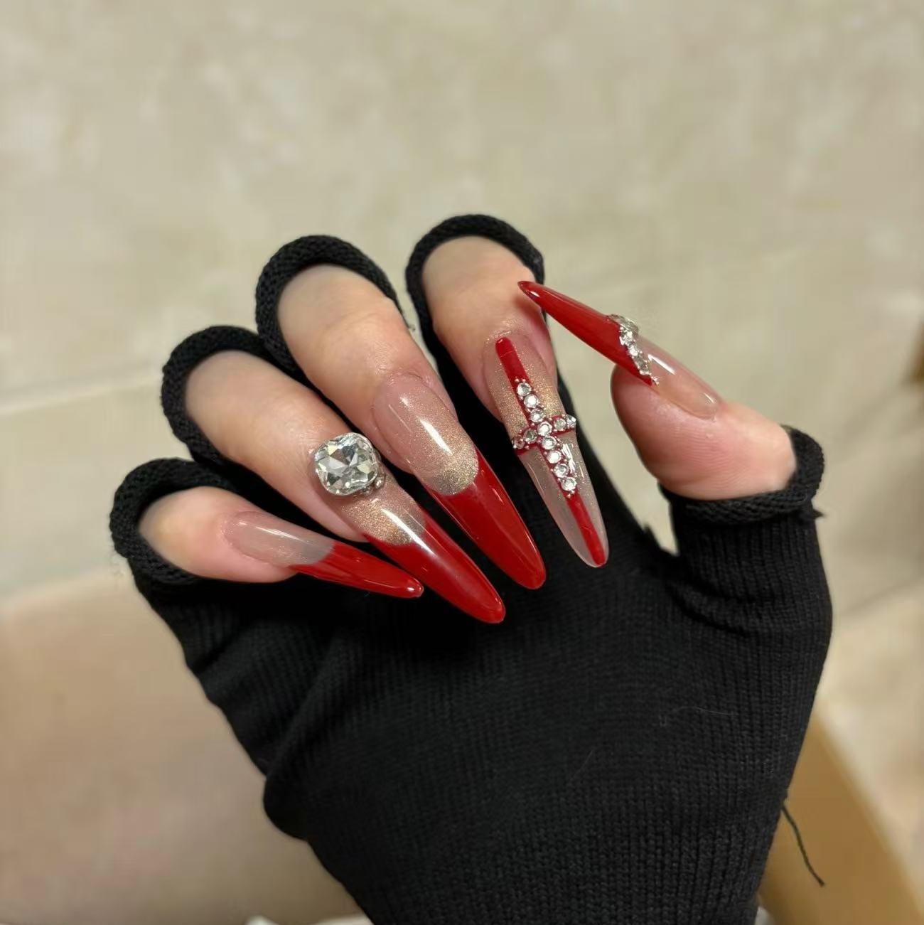 Red French Long Press-On Nails with Large Diamond Cross | Handmade & Customizable Luxury Nail Set