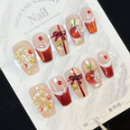 Christmas Eve Apple Rhinestone Press-On Nails | Handmade Customizable | Festive Luxury Nail Set