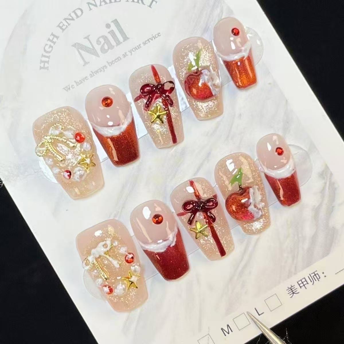 Christmas Eve Apple Rhinestone Press-On Nails | Handmade Customizable | Festive Luxury Nail Set