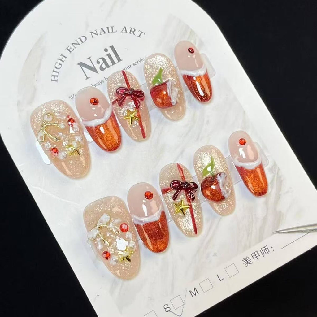 Christmas Eve Apple Rhinestone Press-On Nails | Handmade Customizable | Festive Luxury Nail Set