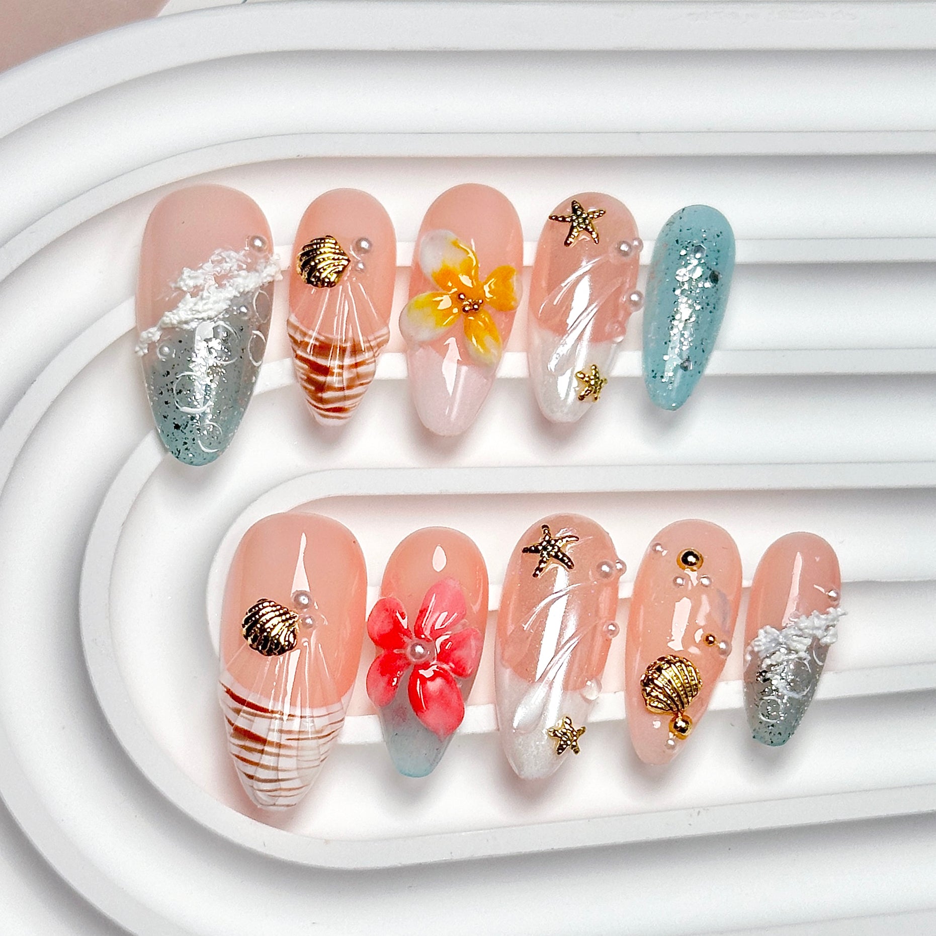3D Floral Almond Nails | Summer Island