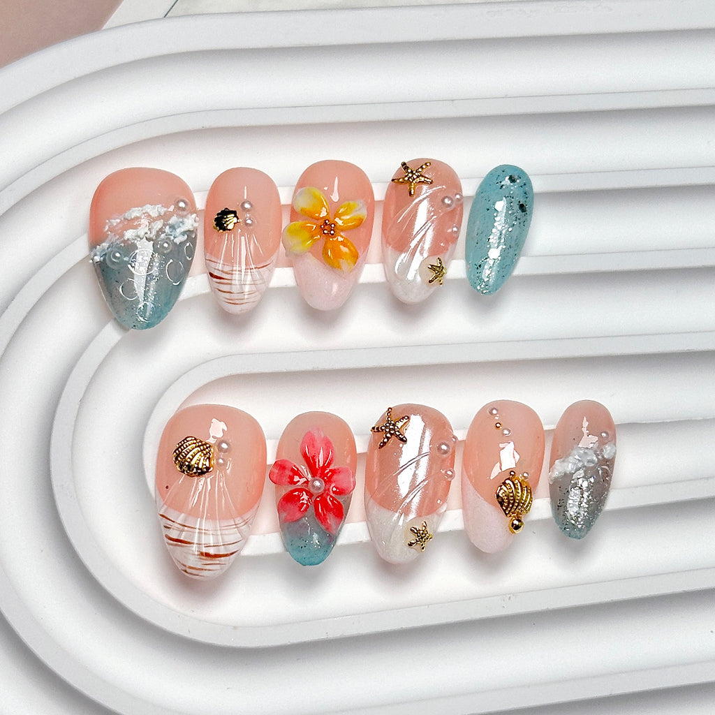 3D Floral Almond Nails | Summer Island