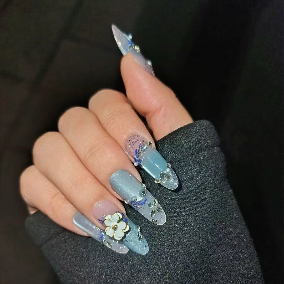 Oriental Style 3D Flower & Pearl Press-On Nails | Handmade Customizable | Luxury Asian-Inspired Nail Set