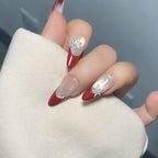 Christmas Snowflake Rhinestone Red French Press-On Nails | Holiday Limited | Handmade Luxury Festive Nail Set