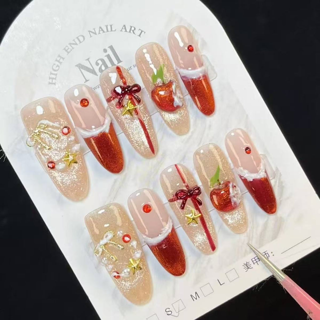 Christmas Eve Apple Rhinestone Press-On Nails | Handmade Customizable | Festive Luxury Nail Set