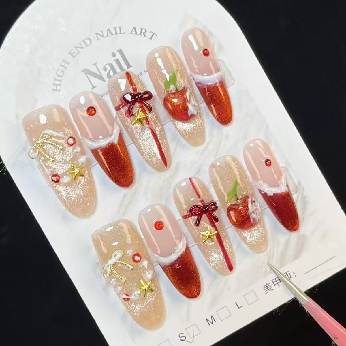 Christmas Eve Apple Rhinestone Press-On Nails | Handmade Customizable | Festive Luxury Nail Set
