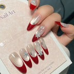 Christmas Snowflake Rhinestone Red French Press-On Nails | Holiday Limited | Handmade Luxury Festive Nail Set