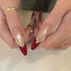 Red French Long Press-On Nails with Large Diamond Cross | Handmade & Customizable Luxury Nail Set