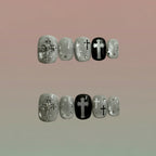 Gothic Style 3D Silver Cross Press-On Nails | Handmade Customizable | Dark Luxury Nail Set