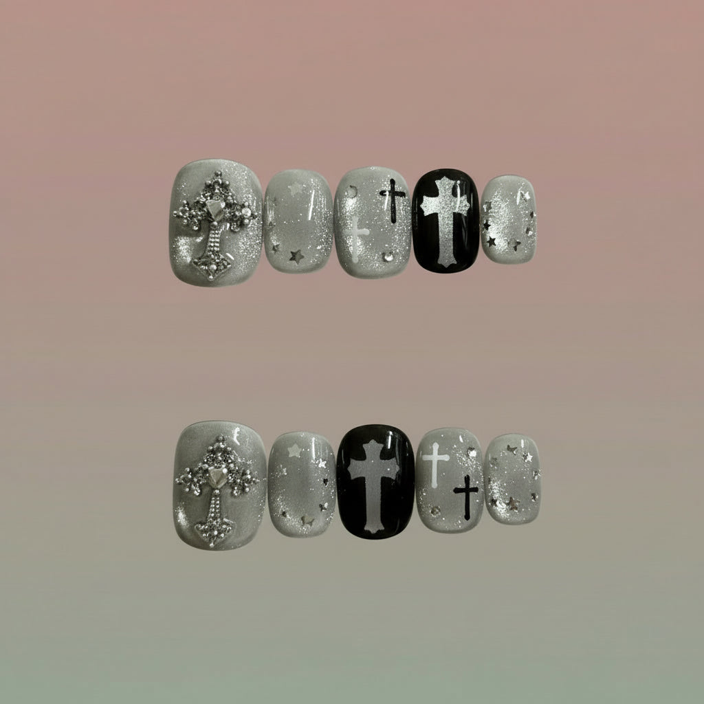 Gothic Style 3D Silver Cross Press-On Nails | Handmade Customizable | Dark Luxury Nail Set